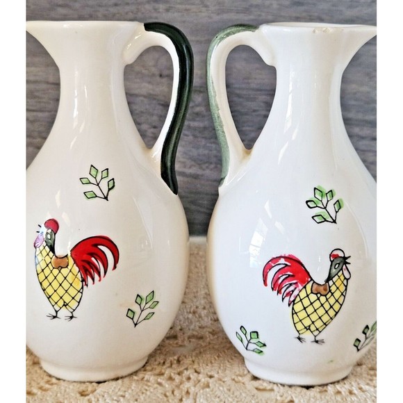Vintage MCM Ceramic Bottles Rooster Chicken Oil & Vinegar Cruet Set (read) - Picture 2 of 9